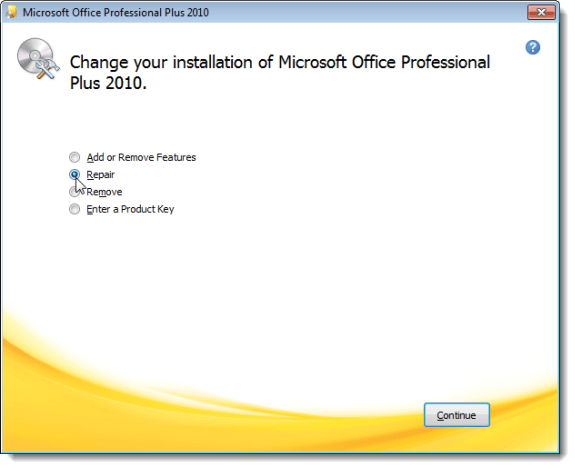 Choosing to Repair your Microsoft Office 2010 installation