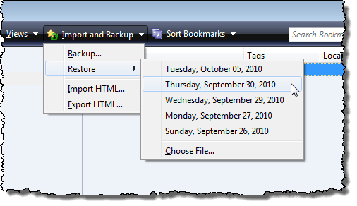 Restoring bookmarks from an automatic backup