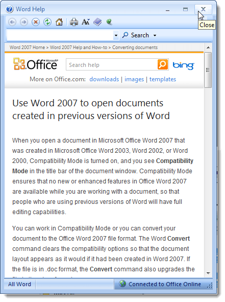 Displaying help about opening older Word documents