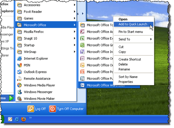 Adding Word to Quick Launch from Start menu