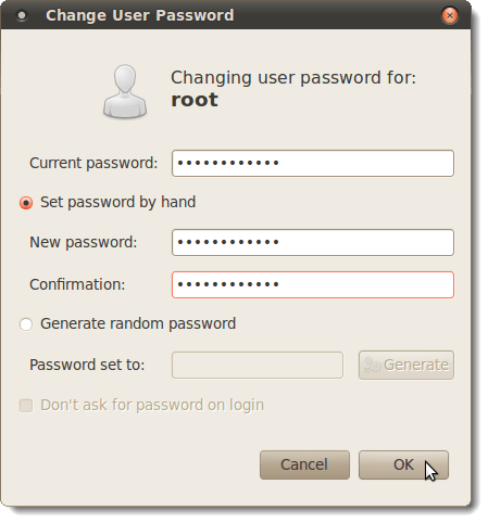 Changing the user password for the root user