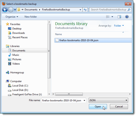 Selecting a Bookmarks backup file