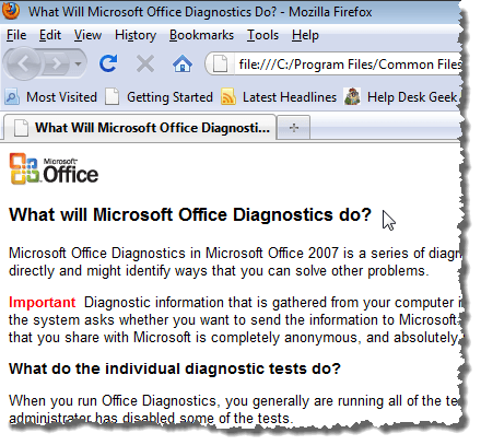 Description of what Microsoft Office Diagnostics will do