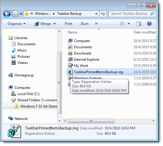 Pinned items registry key backup file