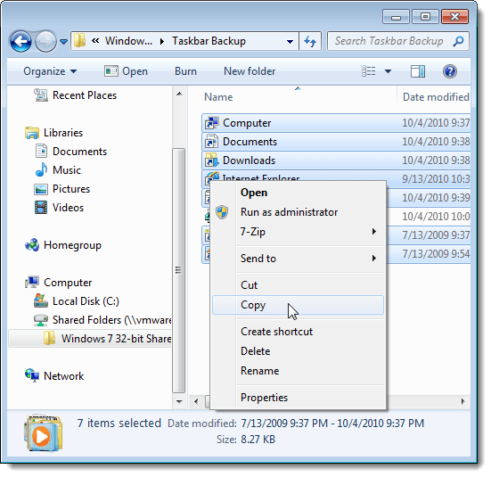 Copying pinned items in backup folder