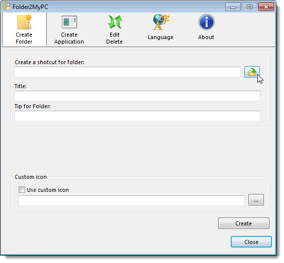 Folder2MyPC main window - Create Folder screen
