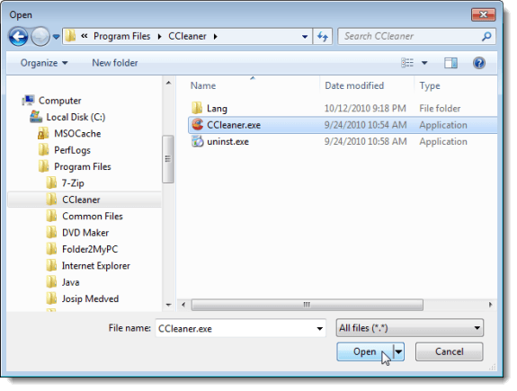Selecting the program's executable file