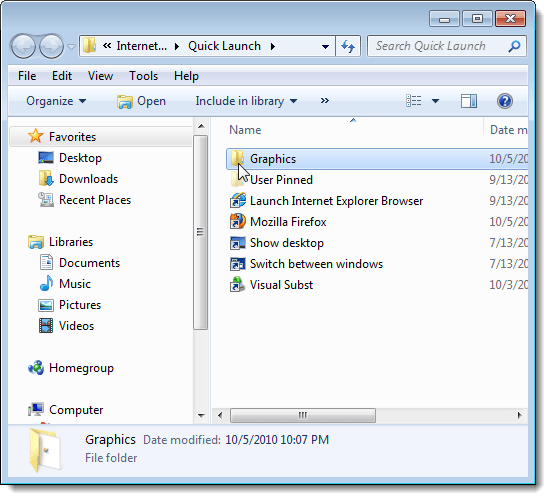 Creating a subfolder in the Quick Launch folder