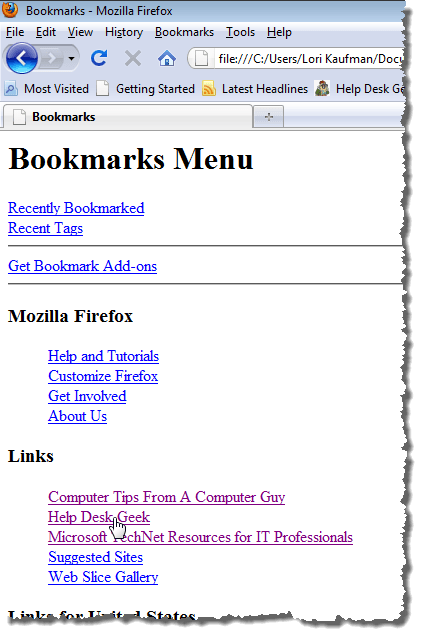 Bookmarks HTML file open in Firefox