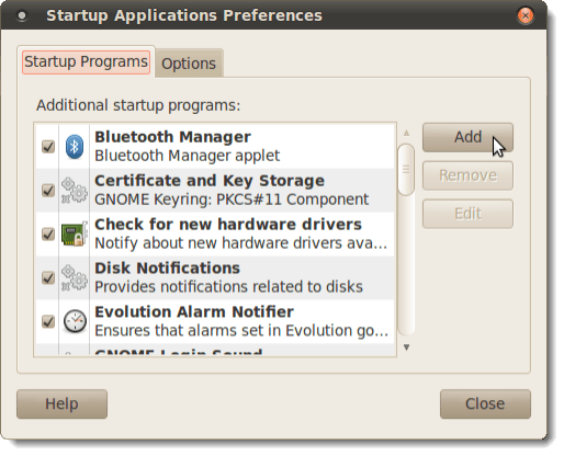 Clicking the Add button on the Startup Applications Preferences dialog box
