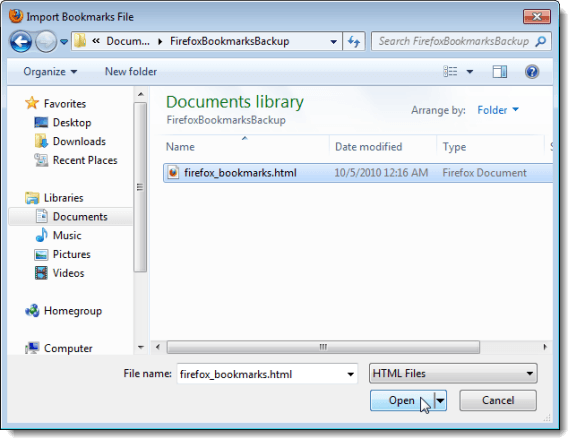 Selecting the Bookmarks HTML file to import
