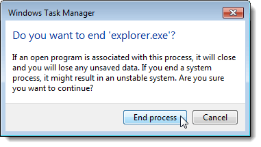 Confirmation dialog box for ending Explorer process