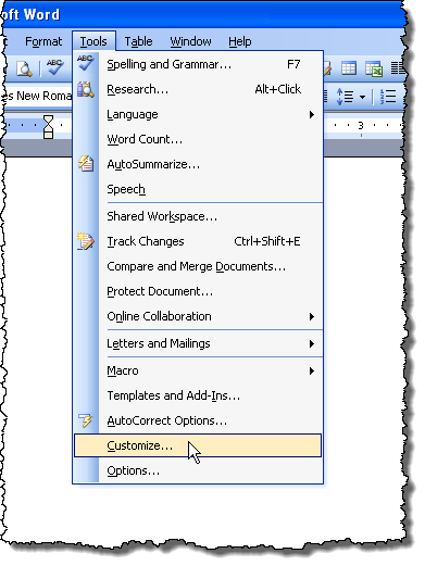 Selecting Customize from the Tools menu in Word 2003