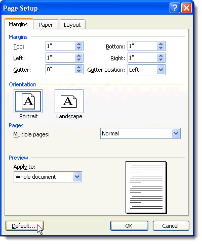 Clicking the Default button on the Margins tab in Word 2003