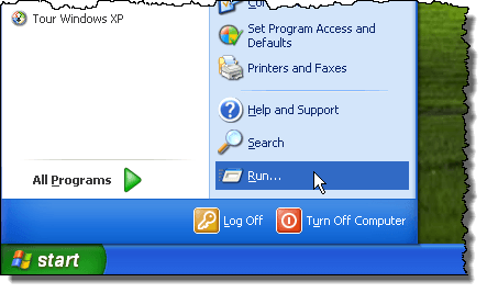 Selecting Run from the Start menu in Windows XP