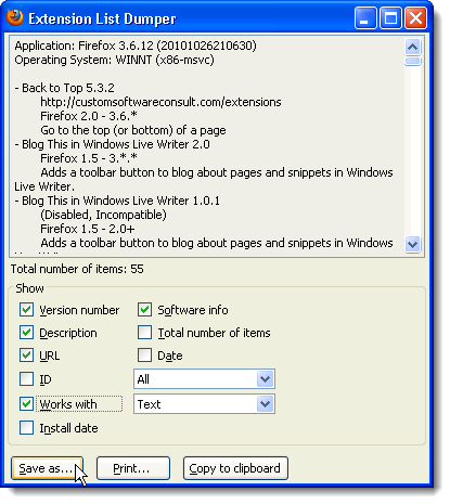 Clicking Save As on the Extension List Dumper dialog box