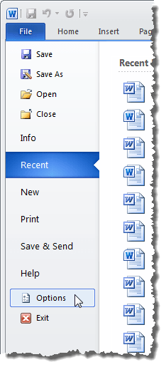 Clicking Options on the File tab in Word 2010