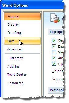Clicking Save on the Word Options dialog box