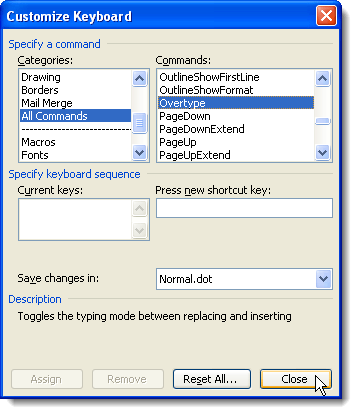 Closing the Customize Keyboard dialog box