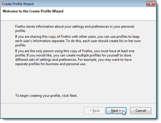 The Welcome screen on the Create Profile Wizard