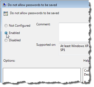 Enabling the Do not allow passwords to be saved setting