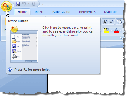 Clicking the Office button in Word 2007