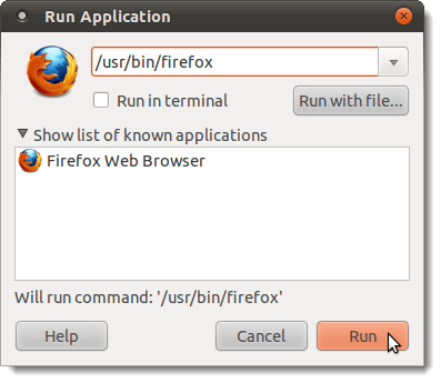 Running Firefox using the Run Application dialog box