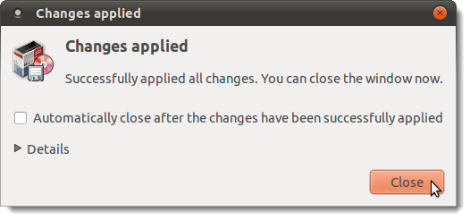 Changes applied dialog box