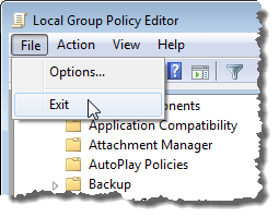 Closing the Local Group Policy Editor dialog box