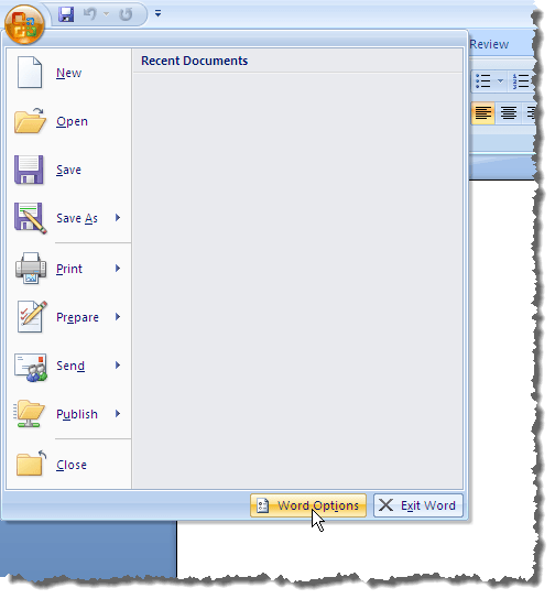 Clicking Word Options on the Office menu in Word 2007