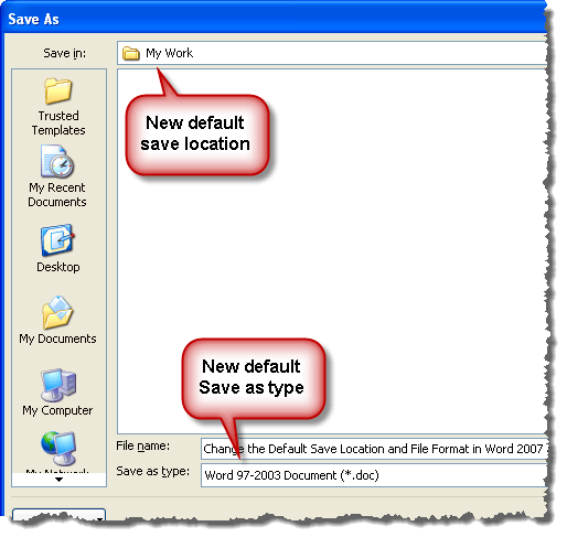Save As dialog box with new default settings