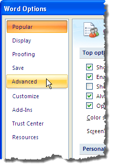 Clicking Advanced option on the Word Options dialog box