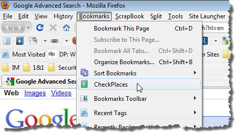Selecting CheckPlaces from the Bookmarks menu