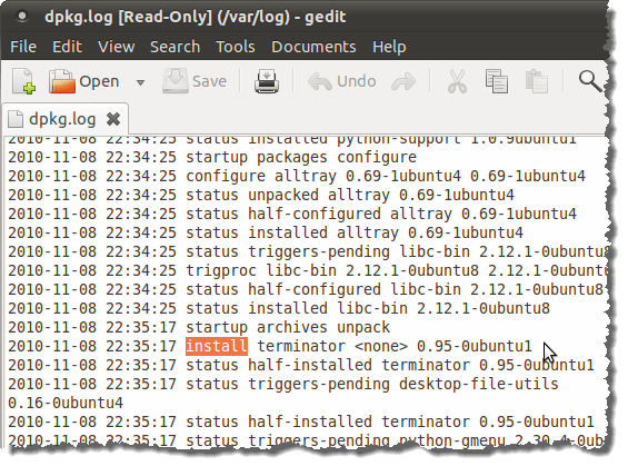 The dpkg.log file open in gedit