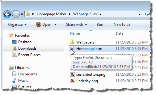 The generated Homepage.htm file in Explorer