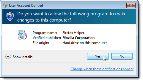 UAC dialog box for the Firefox Helper