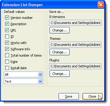 Closing Extension List Dumper Options dialog box