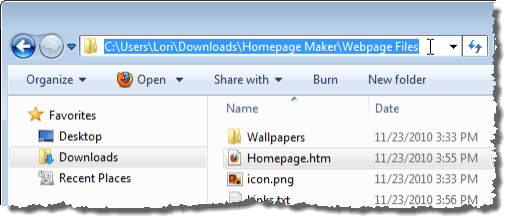 Copying the path to the Homepage.htm file