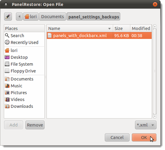 Selecting panel settings file to restore