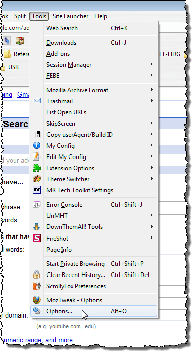 Selecting Options from the Tools menu in Firefox