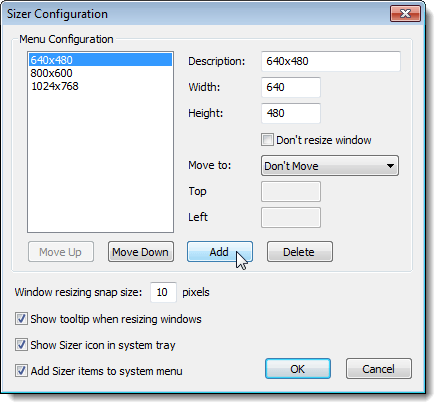 Adding a custom size on the Sizer Configuration dialog box
