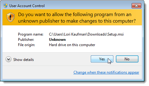 UAC dialog box for running the .msi file