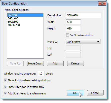 Closing the Sizer Configuration dialog box