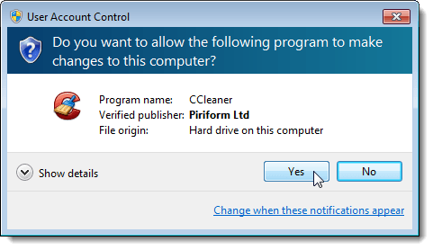 UAC dialog box for CCleaner