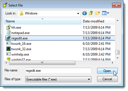 Selecting regedit.exe on Select file dialog box