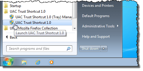 Starting UAC Trust Shortcut