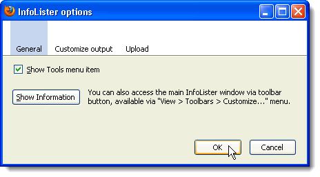 InfoLister options - General screen