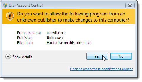 UAC dialog box for adding a program