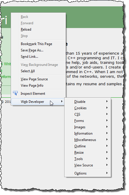 Web Developer context menu