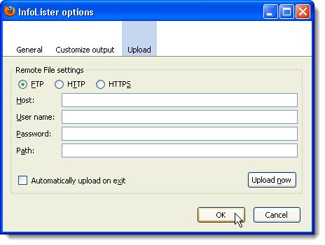 InfoLister options - Upload screen